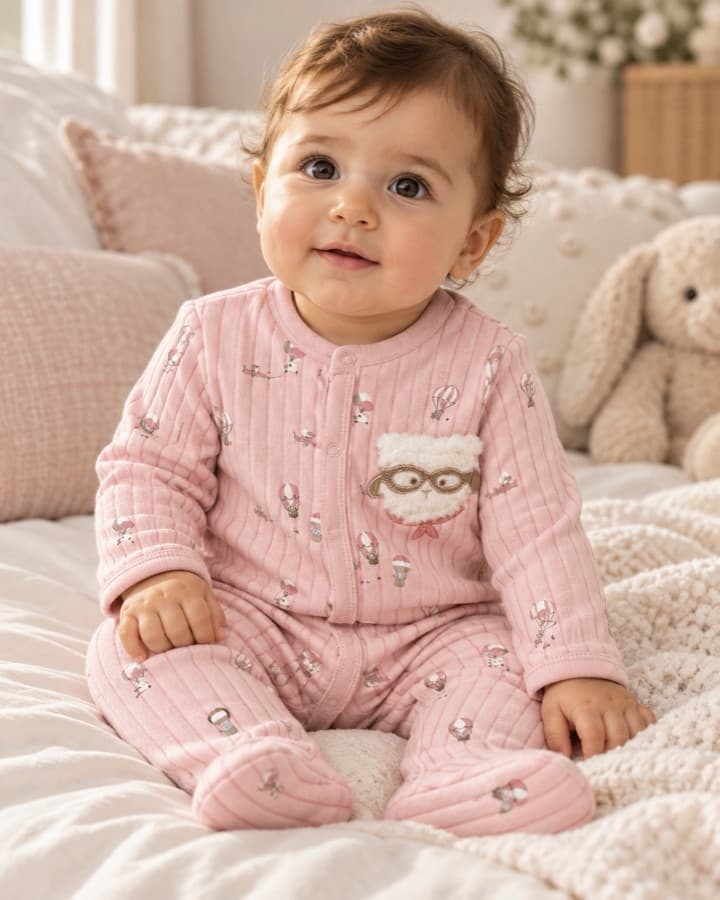 Smiling baby in a pink Mayoral ribbed sleepsuit with a sheep pocket